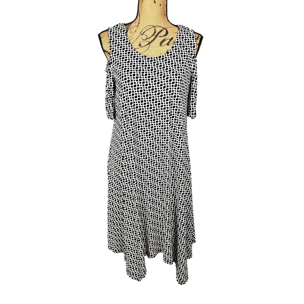 ADRIANNA PAPELL Size Med Black White Lattice Cold Shoulder Sharkbite Hem Dress